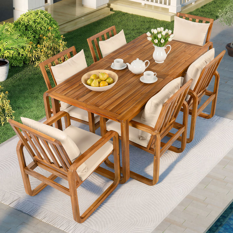 Ensemble repas pour 6 personnes en bois d'acacia avec table rectangulaire et coussins inclus, Brun