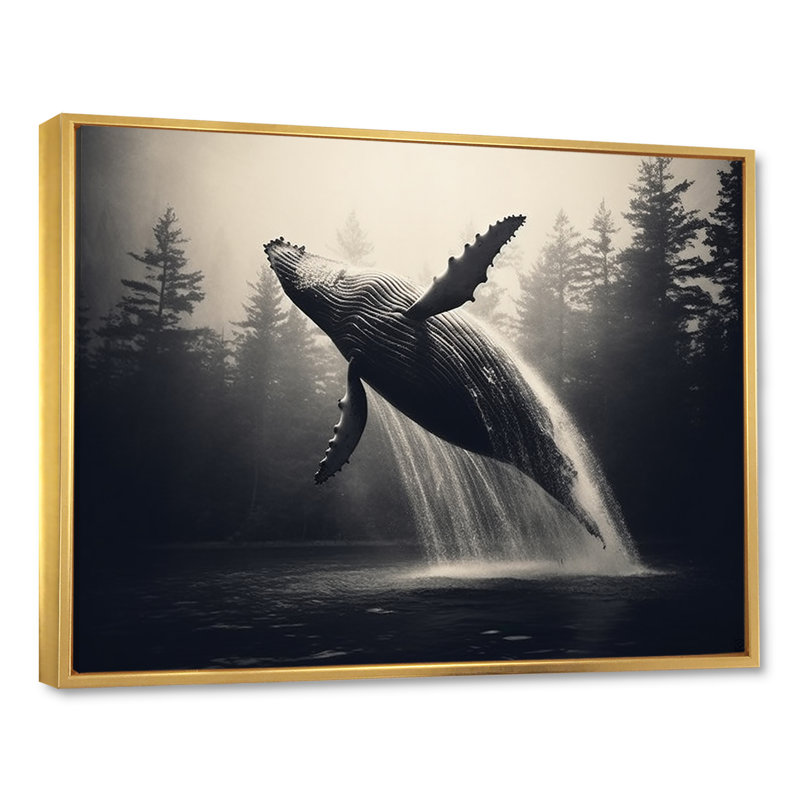 Baleine rétro au Canada sur toile, Cadre flottant doré, H 12 po x l 20 po x P 1 po