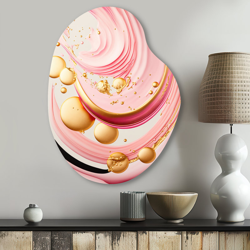 «Pink and Gold Abstract Circles II - Abstract Spirals», art mural asymétrique en métal, H 30 po x l 22 po