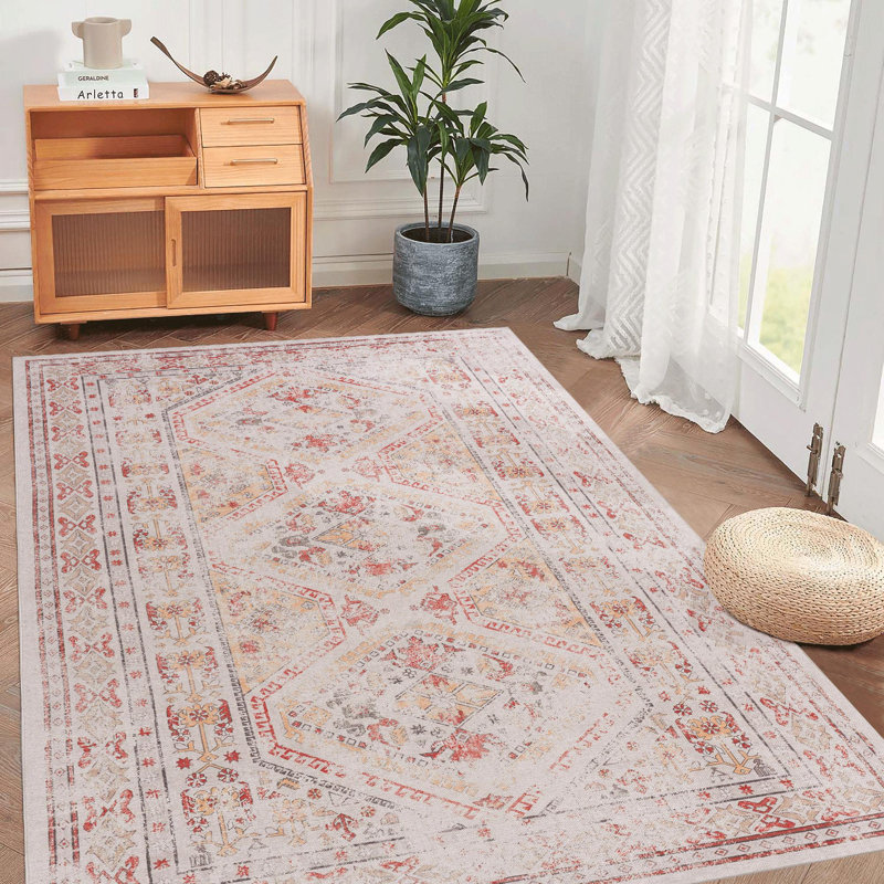 Beige Washable Area Rug, Rectangle 3' x 5'