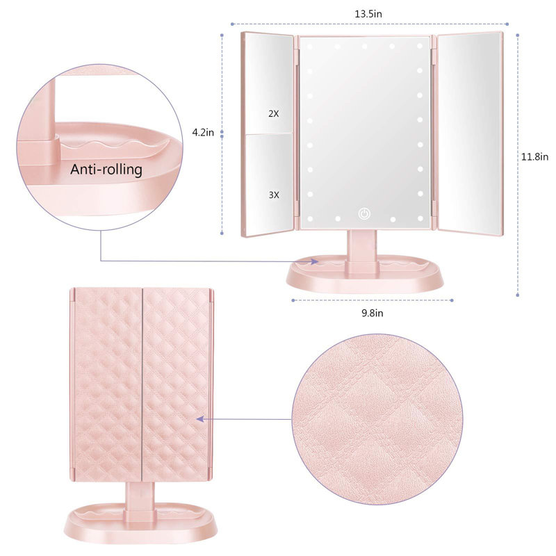Pink Trifold Lighted Vanity Makeup Mirror with LED Lights