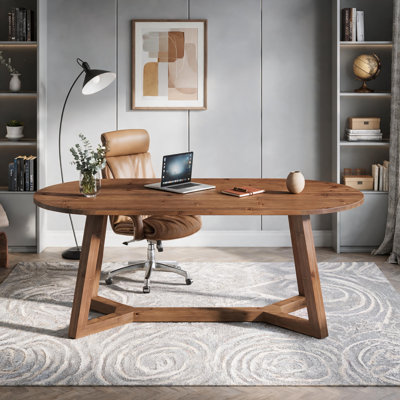 63'' W Oval Farmhouse Executive Computer Desk with Solid Wood Top and Legs