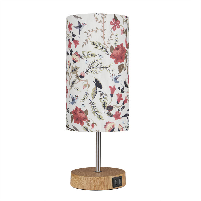 Miika 15 in. Metal USB Table Lamp with Dual USB Ports and Floral Lampshade, Red