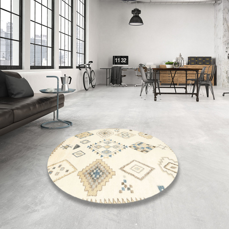 Tapis contemporain beige / bleu, Rond 7 pi