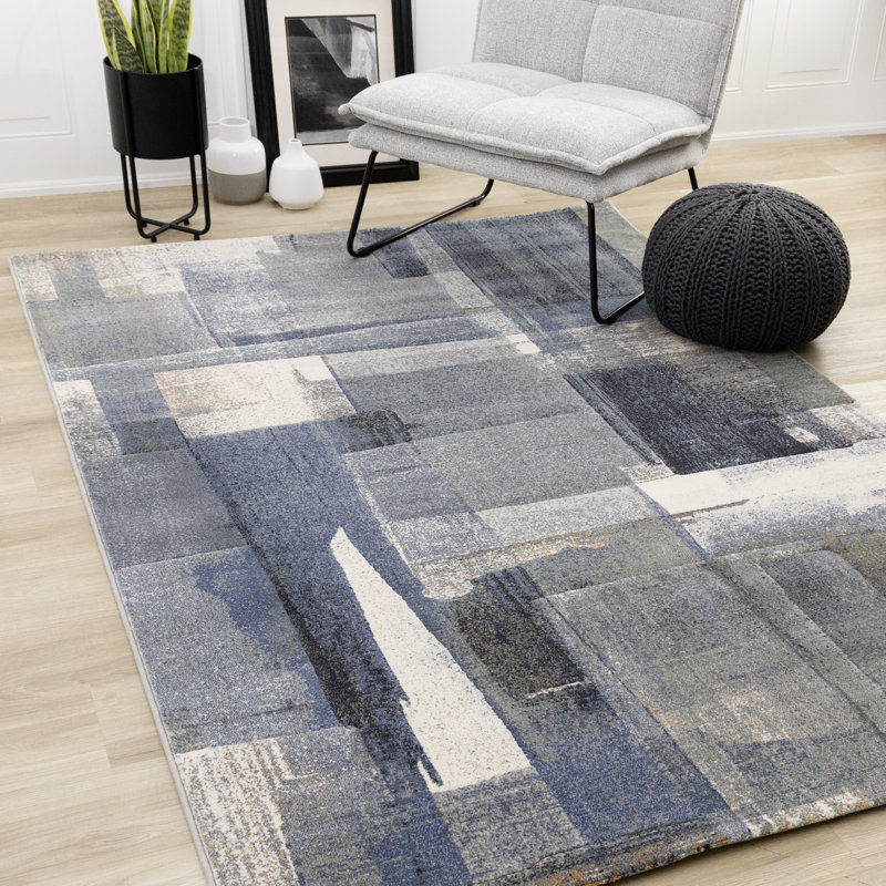 Tapis d'intérieur patiné, bleu, moderne et contemporain - 5 pi x 8 pi (5 pi 3 po x 7 pi 7 po)