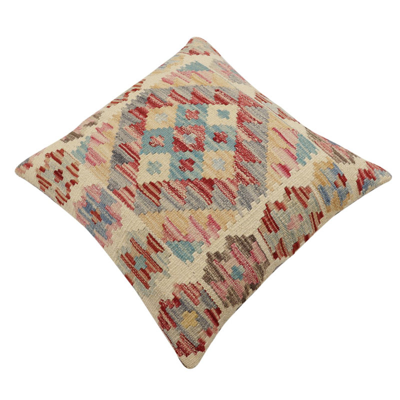 Oreiller rustique en kilim tissé à la main Caballer - 17 po x 18 po Rustic, H 17 po x l 18 po, Beige / rouille / gris / bleu