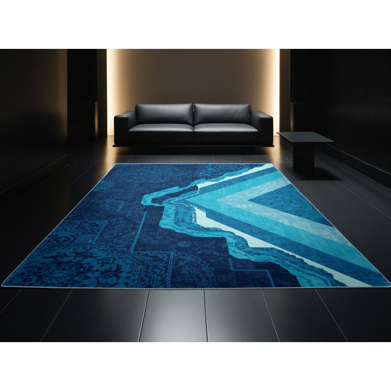 Tapis oriental bleu délavé à la machine Pacchiana - bleu ciel, Carré 7 pi