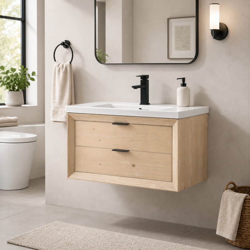 Ensemble de meuble-lavabo simple mural 30 po avec comptoir en céramique Danbury, Teak White, H 18 po x l 30 po x P 17 po