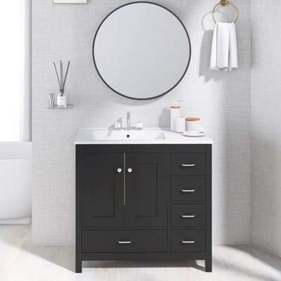 36 pouces Ensemble de meuble-lavabo noir avec lavabo en céramique | 2 portes à fermeture douce et 5 tiroirs | Espace de comptoir pratique