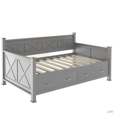 Lit de jour simple avec 2 grands tiroirs, structure en X, lit de jour moderne et rustique