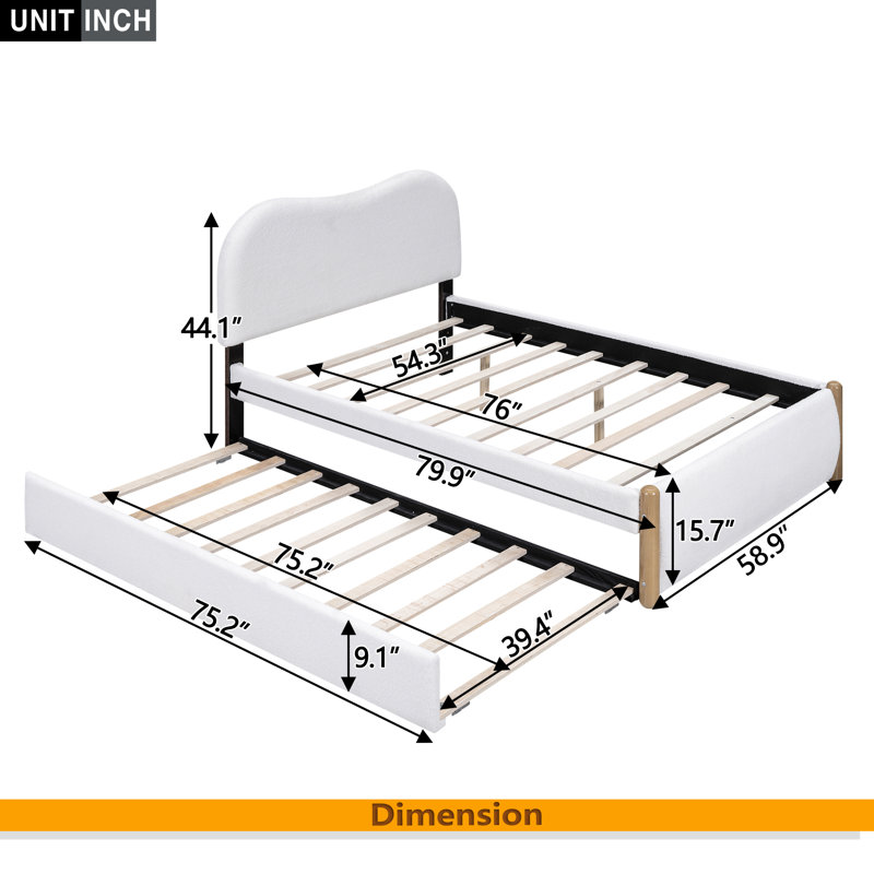 Lit plateforme en tissu d'ameublement, Lit double, Blanc