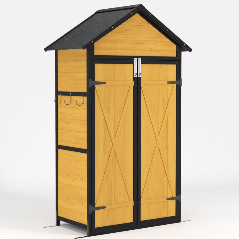 Remise à outils de 69 pouces de hauteur, toit imperméable, table pliable, remise extérieure avec crochets de rangement supplémentaires avec établi, tablettes amovibles pour le jardin