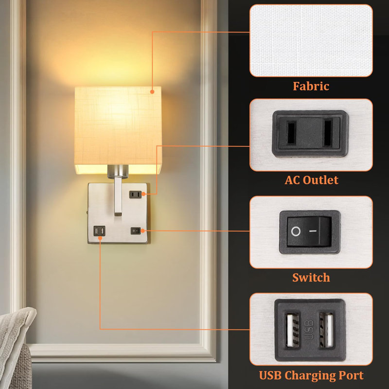 Bedroom Sconces Set of 2, Wall Mounted Bedside Lamps with USB Port, AC Outlet and 3 Colour Selectable