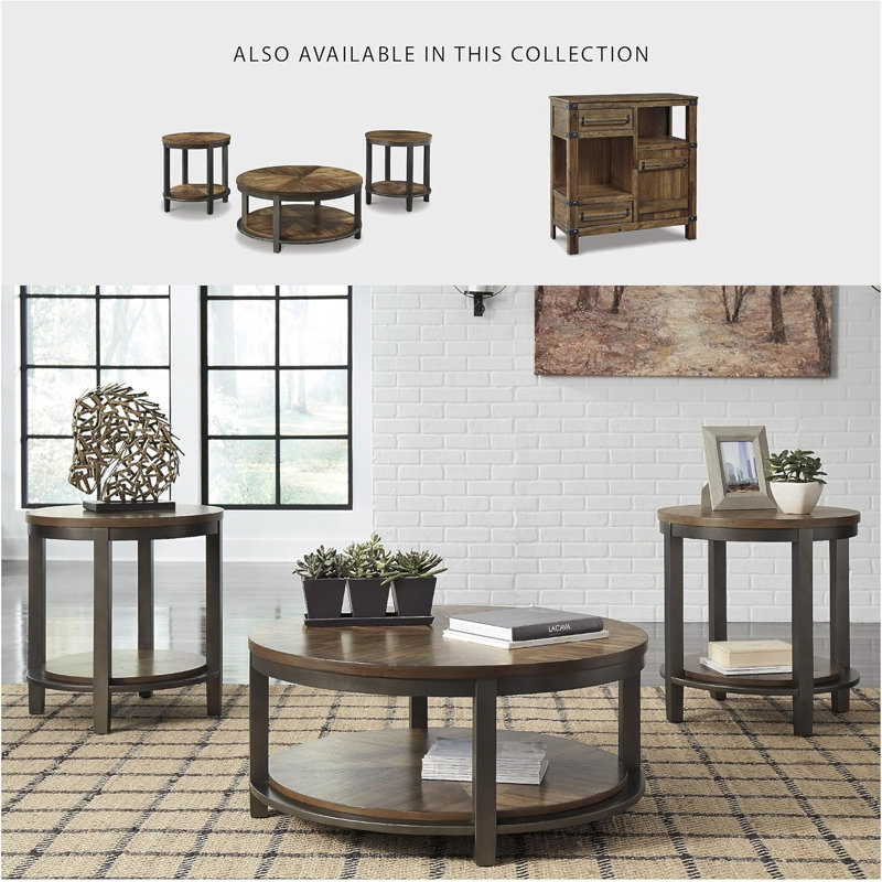 Ensemble de tables rondes rustiques 3 pièces - Table basse brun clair et deux tables de bout avec tablettes fixes