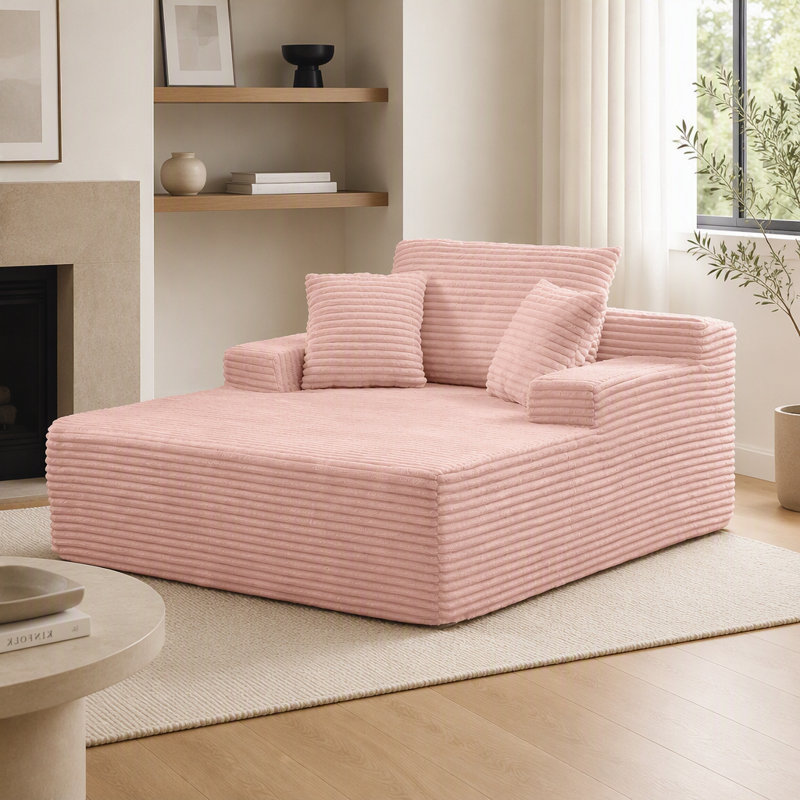 Chaise longue d'intérieur moderne de 143 cm (56,12 pouces) avec 3 coussins et larges accoudoirs carrés en velours côtelé rose pâle