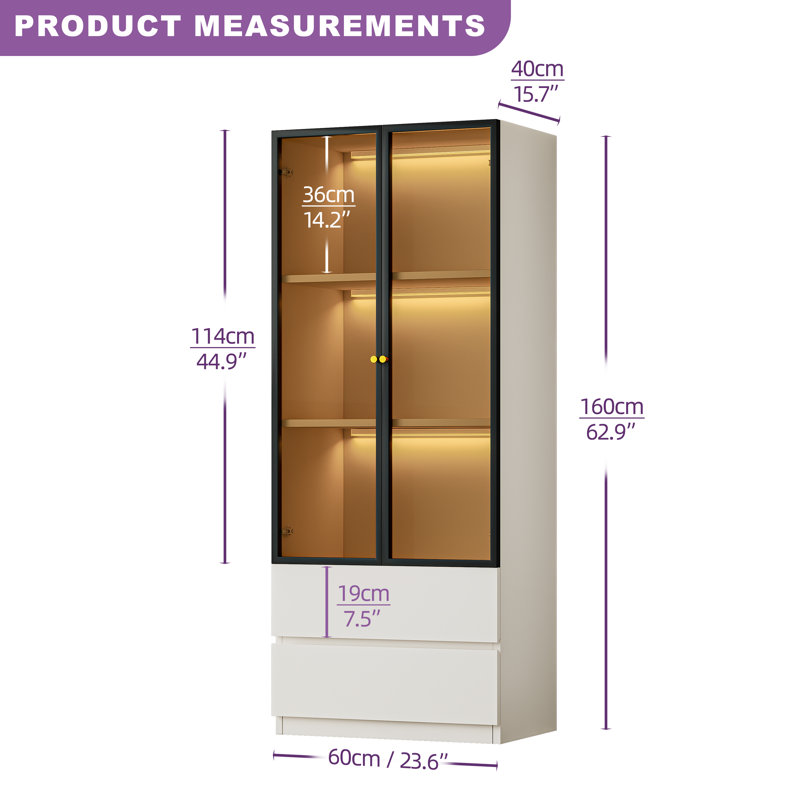 Crafton Modern 62.9'' Tall White China Cabinet Lighted Dining Shelf, Wooden 3-Tier Curio Display Storage Hutch With Tempered Glass Doors And 2 Drawers And Wireless LED Light For Kitchen Living Room Bedroom Study