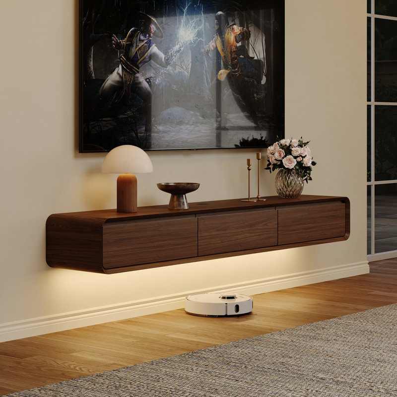 Floating TV Stand, Entertainment Center With LED Light, Solid Wood, Fully-Assembled, 9.84" H x 62.99" L x 14.57" W, Brown