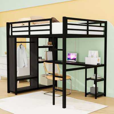 Lit mezzanine multifonctionnel avec bureau intégré, garde-robe et tablettes de rangement