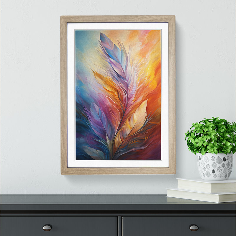 Feather Expressionism - Single Picture Frame Print on Wood, 46cm H x 34cm W x 2cm D, Oak