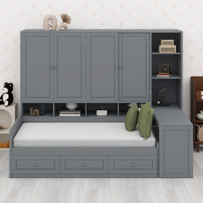 Wooden Daybed With Three Drawers, And All-In-One Cabinet, Desk And Shelves