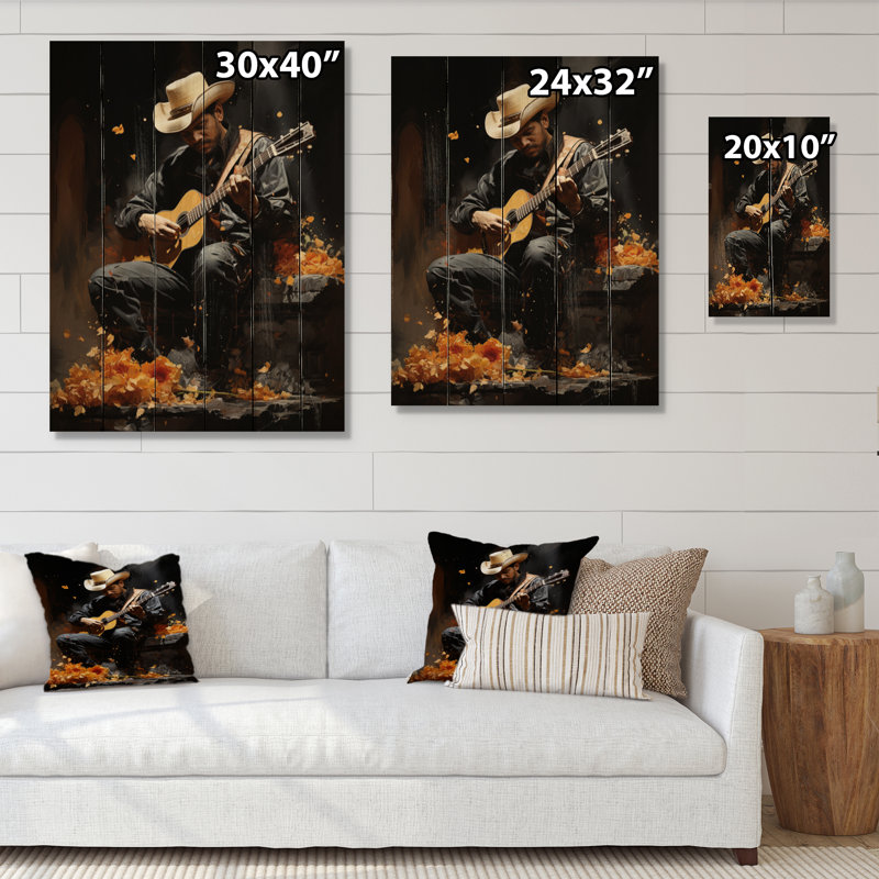Art mexicain orange et noir, impression de mariachis sur bois, H 40 po x l 30 po x P 0,78 po
