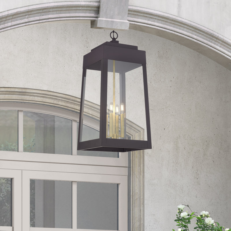 4 Light Bronze Outdoor Extra Large Pendant Lantern With Antique Brass Candles