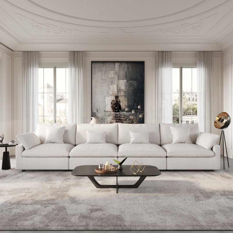 Kyna Upholstered 4-Piece Linen Slipcovered Sofa, White