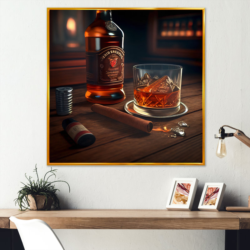 Al alcool avec cigares III - reproduction sur toile, L 16 po x H 16 po, Toile avec cadre flottant or