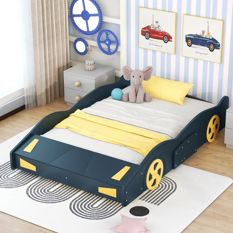 Race Car-Shaped Bed with Storage and Wheels, Solid Pine Wood, Safety Rails, No Box Spring, Blue