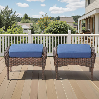 Outdoor PE Wicker Ottomans Set Of 2, Patio Brown Rattan Footrests With Blue Cushion For Backyard Or Deck