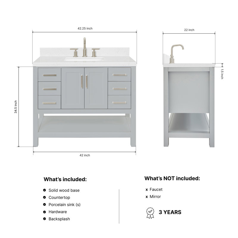 ARIEL Magnolia 42 Single Bathroom Vanity with Top, Gray, Rectangular