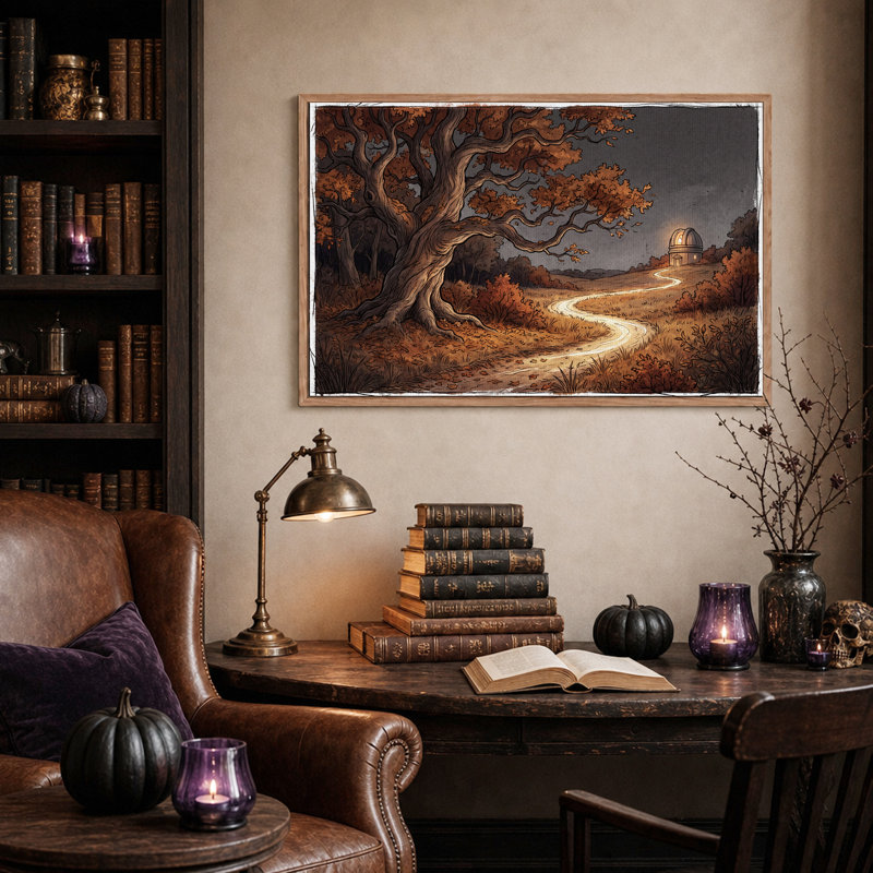 Arbre d'automne et chemin sinueux vers l'observatoire, art mural d'Halloween, 18"H x 24"W