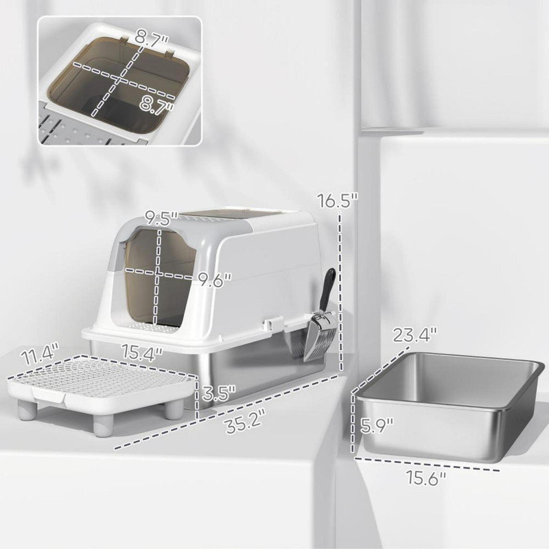 Stainless Steel Enclosed Cat Litter Box with Front Entry and Top Exit, Includes Scoop and Deodorizer Bag, Litter Trapping Pedal Design for Odor Control, Suitable for Cats Up to 15 Lbs