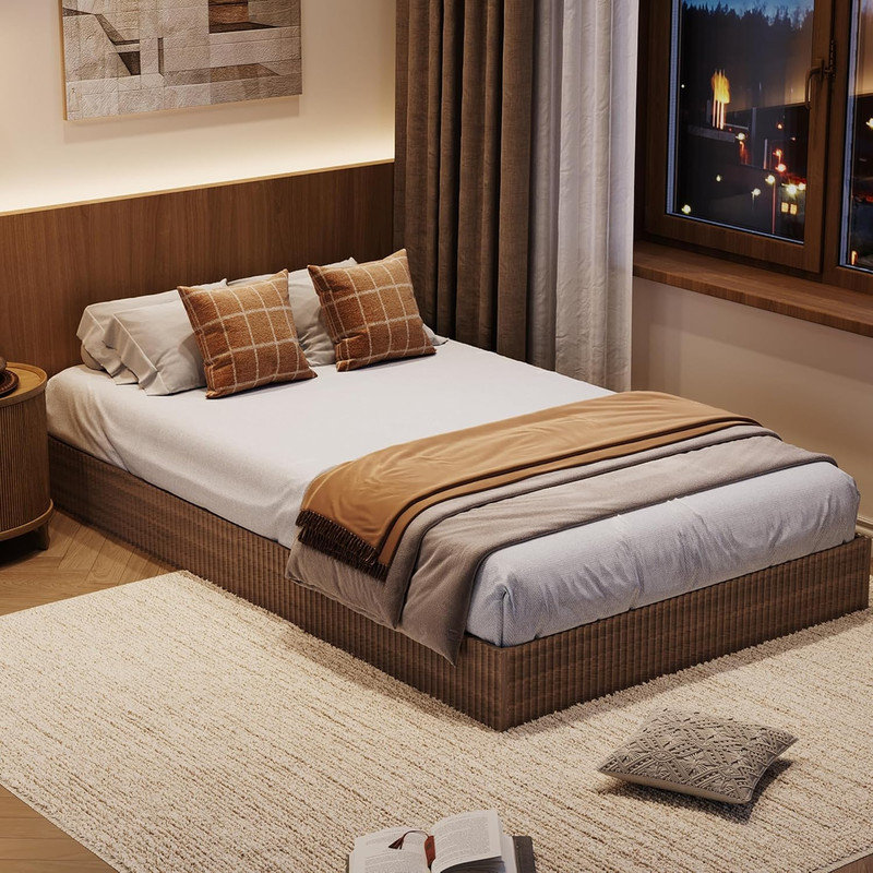 Wood Platform Bed Frame with Fluted Design, Low Profile Minimalist Bed Base, Noise‑Free & No Box Spring, Twin XL, Brown