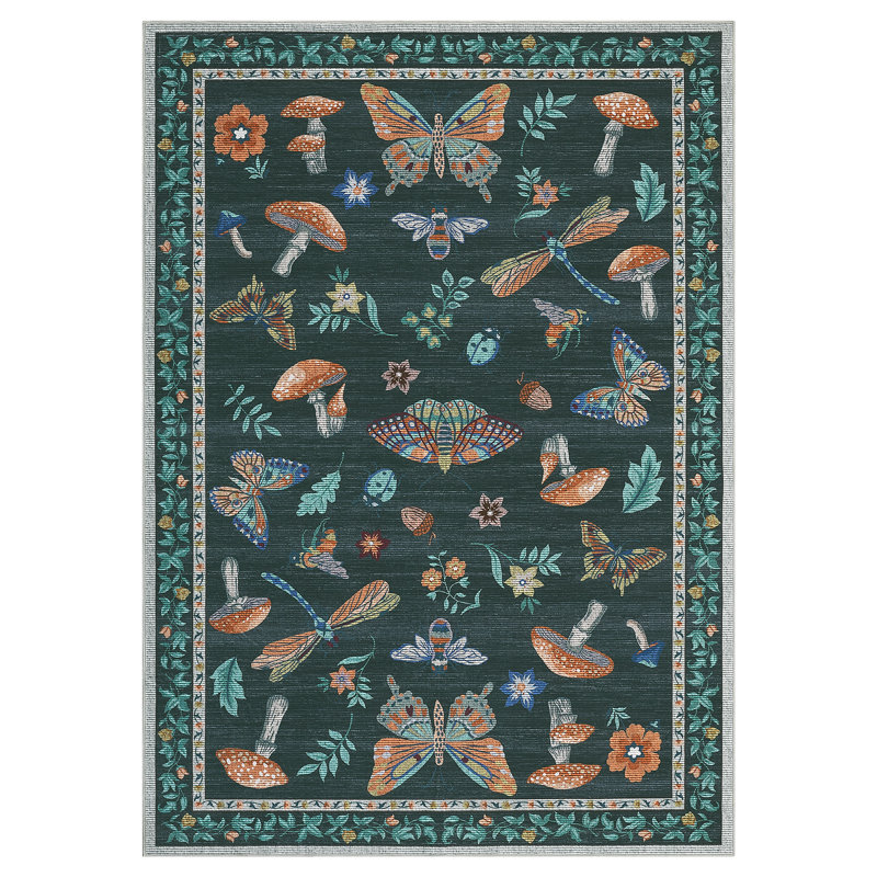 Washable Rug for Living Room, Non-Slip Low Pile Soft Insect Floral Print Accent Rug, Stain-Resistant Foldable Indoor Carpet for Dining Room, Office, Playroom, Nursery