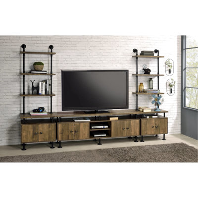 Black And Rustic Oak Tv Stand With Functional Storage Cord Management Industrial Appeal