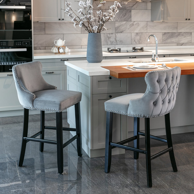 Velvet Wing-Back Bar Stools Set Of 2 With Button Tufted Decoration And Wooden Legs, Gray
