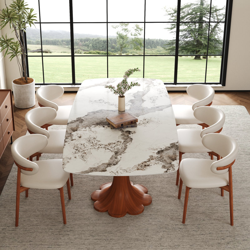 94" Rectangular Sintered Stone Dining Table with Double Solid Wood Pedestal Base, Pandora / Walnut