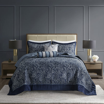 Ensemble de couvre-lit 5 pièces en jacquard avec coussins décoratifs bleu marine