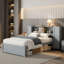 Grand lit plateforme avec tête de lit et casiers de rangement, gris