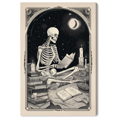 Décoration murale effrayante «Skeleton Reader» par Art Remedy, tendue sur châssis, 16 x 24