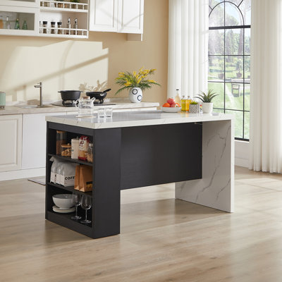 61" Kitchen Island Cart With Imitation Marble Top – Portable Workstation With Storage Shelves, Power Outlets & Adjustable LED Light