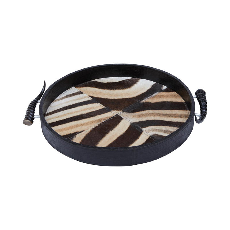 Leather Round Tray with Zebra Inlay - Springbok Horn Handles