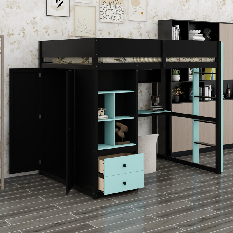 Cadre de lit mezzanine avec armoire et bureau, bande DEL contrôlable par application intelligente, ports de chargement USB pratiques