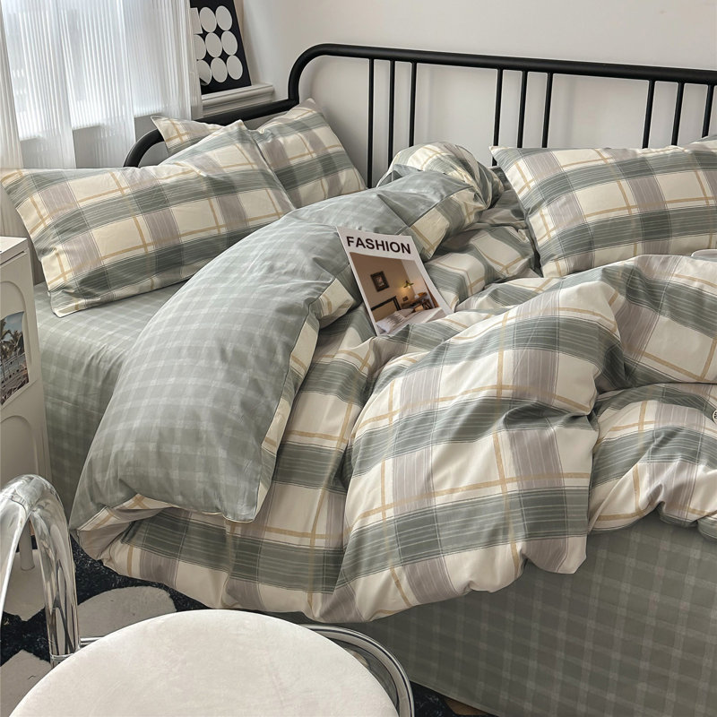 Modern Design 100% Cotton Duvet Cover Set, Queen Duvet Cover + 2 Standard Pillowcases, Green Plaid
