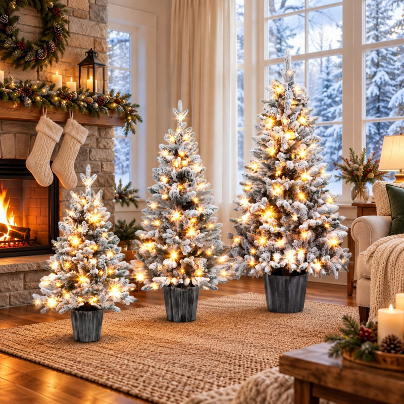Ensemble de 3 arbres de Noël en flocons pré-éclairés, arbres en pot de 3 à 5 pieds avec DEL blanc chaud