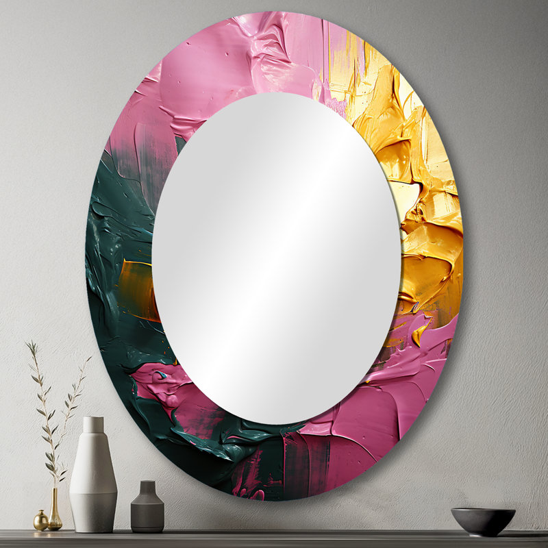 Rejoicing In Love Pink And Gold Abstract PaintingI - Gold Modern Oval Wall Mirror, 43 po x 33 po