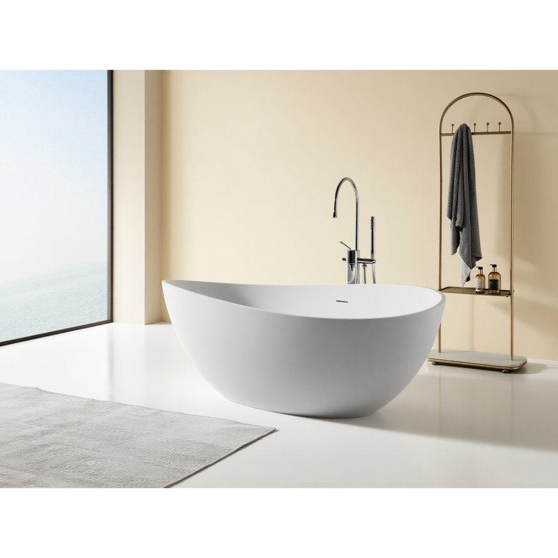 Baignoire de trempage de luxe autoportante à surface solide de 63 po, résine de pierre artificielle, blanc mat, drain central, baignoire relaxante dans un espace de détente confortable, nécessitant peu d'entretien