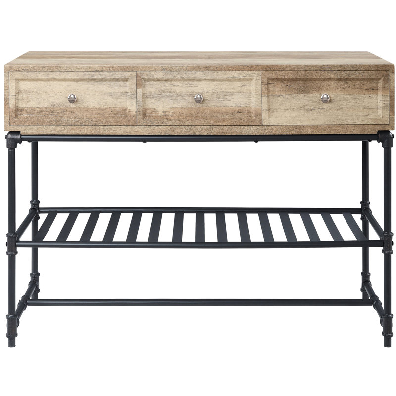 Table rectangulaire en chêne et noir sablé, avec pieds en métal et compartiments de rangement