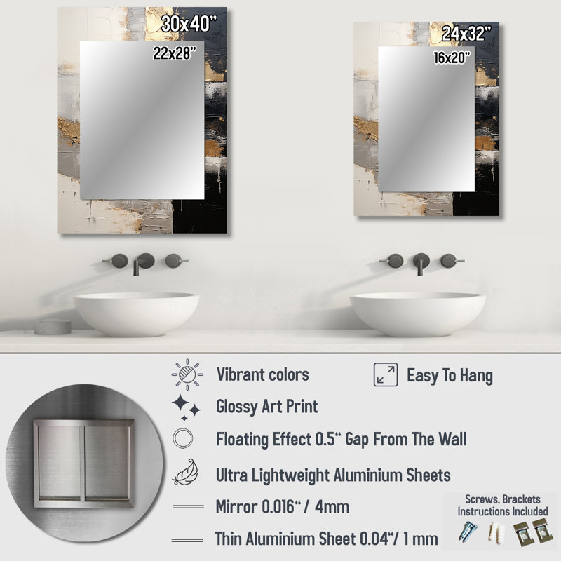 Gray Gold Minimalism Poteries I - Abstract Spirals Unique Wall Mirror, Gray Mirror, Printed Metal Art, 32" x 24"